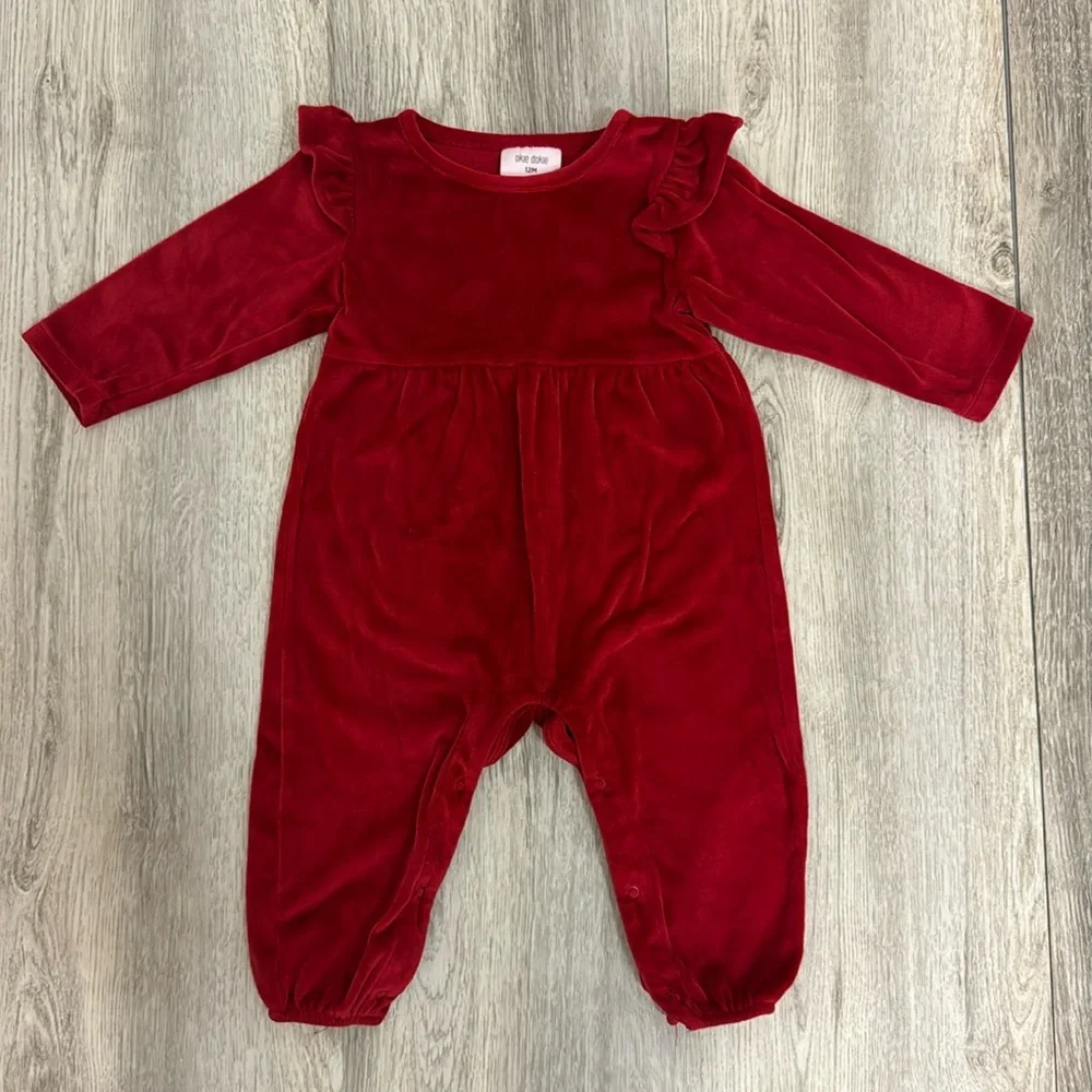Okie Dokie red velour 12 month one piece outfit